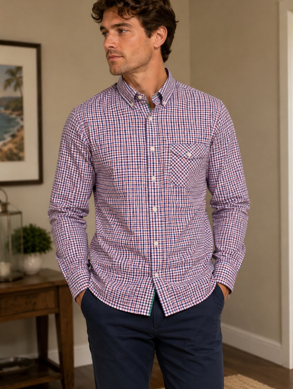 Tommy Bahama Men's long-sleeve button-up shirt featuring a blue and red plaid...
